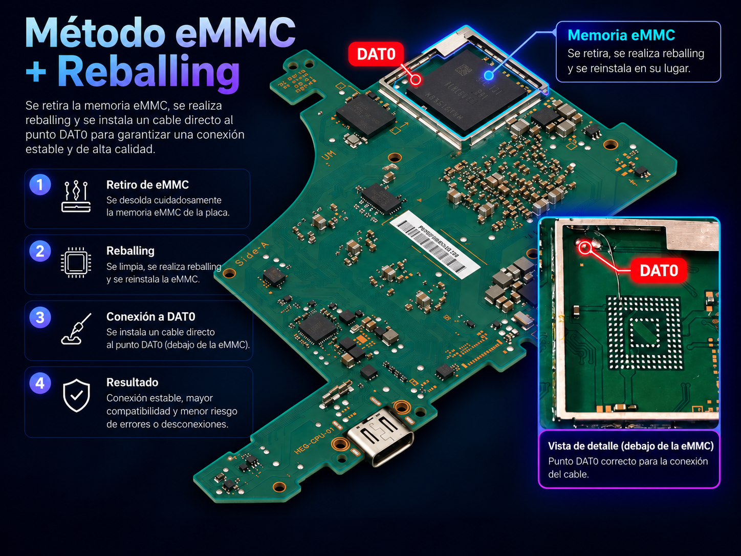 Infografía del método eMMC más reballing para Switch OLED